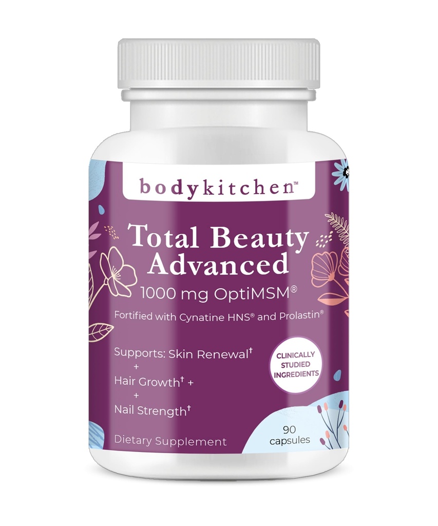 Body Kitchen Total Beauty Advanced, contient de l'élastine, de la kératine, de la biotine et de l'acide hyaluronique, soutient la croissance des cheveux, le renouvellement de la peau, la force des ongles, les capsules de légumes, 90 comte