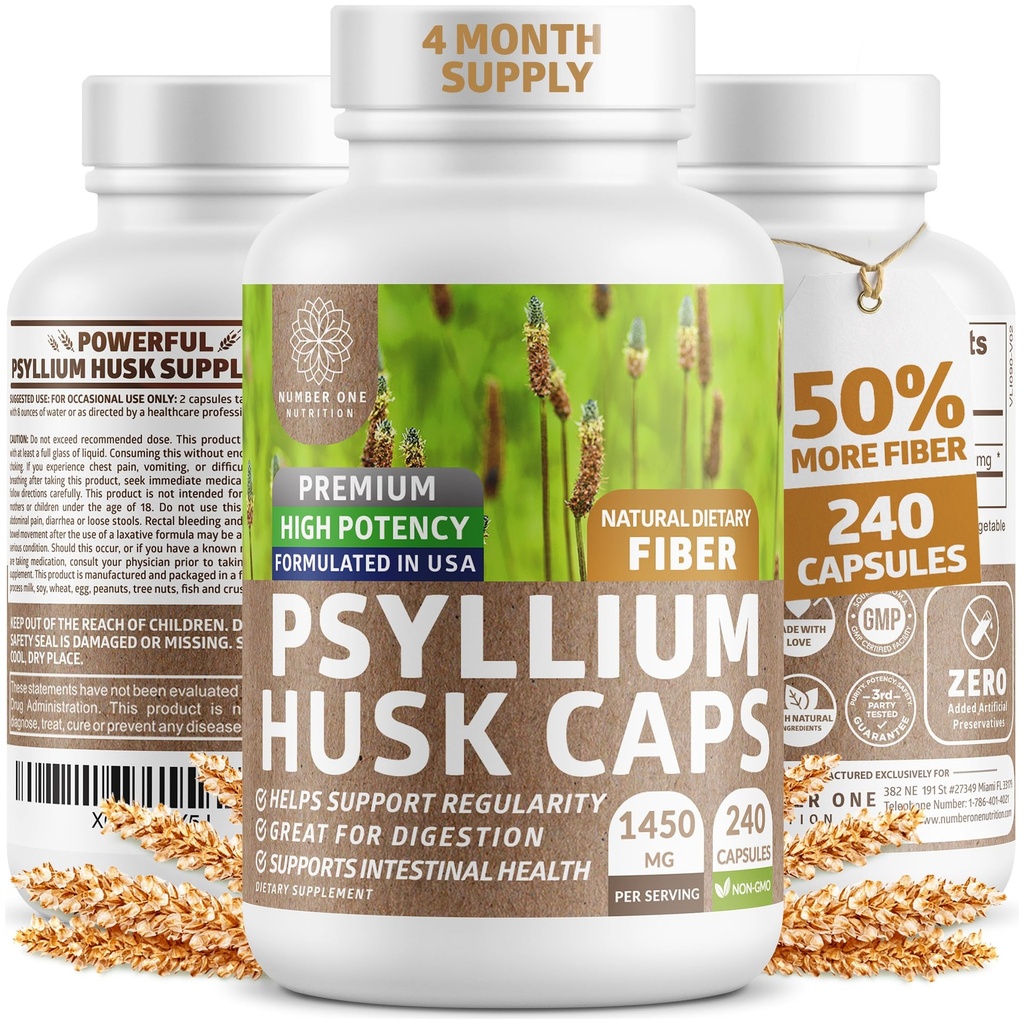 N1N Premium Psyllium Husk Kapseln [All Natural,1450 MG] Leistungsstarke lösliche Faserergänzung zur Unterstützung von Regelmäßigkeit und Verdauungsgesundheit, 240 Kapseln