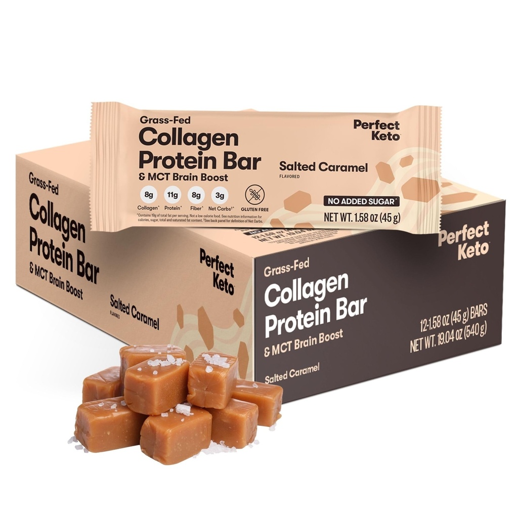 Bars Keto parfaits - Les collations Keto les plus propres avec collagène et MCT. No Added Sugar, Keto Diet Friendly - 3g Net Carbs, 19g Fat,11g Protéines - Diet Food Dessert (Caramel salé, 12 barres)