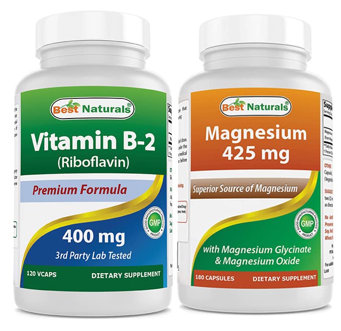 Meilleurs naturels Vitamine B2 (Riboflavine) 400mg & Glycinat de magnésium 425 mg