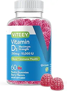 Viteey Vitamin D3 Gummies per adulti e adolescenti - 10.000 UI, 250mcg, Forza massima - Joint & Muscle Health, Immune Boost - Chewable Vitamin D Gummies - Vegetariano, Gelatin Free - Tasty Berry Aromaed