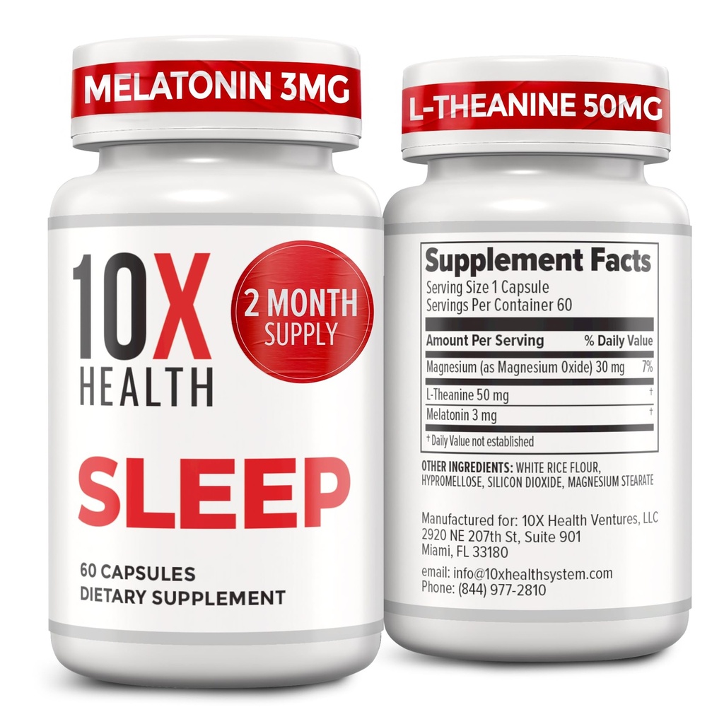 10X Salute Integratori per Adulti - 60 Capsule - Melatonina 3mg, L Theanine, Magnesio Supplemento, Magnesio Ossido per Deep, Migliore Riposo e Rilassamento - 3-in-1 Natural Sleep Support