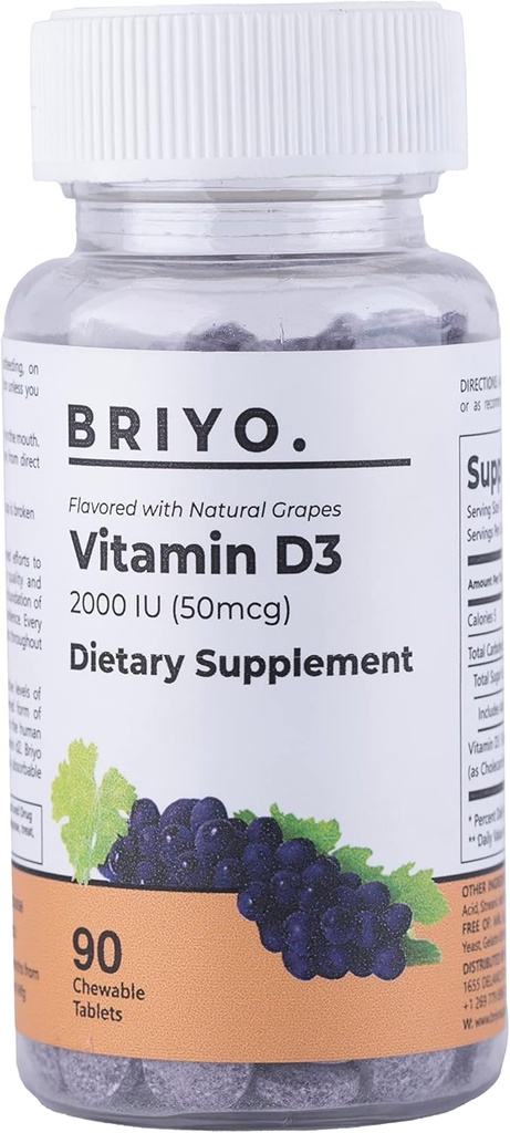 Briyo Vitamin d3 masticabile Tablet - 2000 IU (50 mcg Per Serving) - Delizioso aroma di uva naturale, 90 Conte