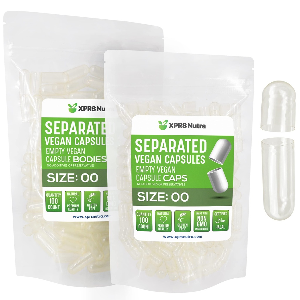 XPRS Nutra Vegan Size 00 Capsule separate - 100 Count Clear Premium Empty Capsule Separati in Borse - 00 Pillole Vuoto per DIY Supplement Filling