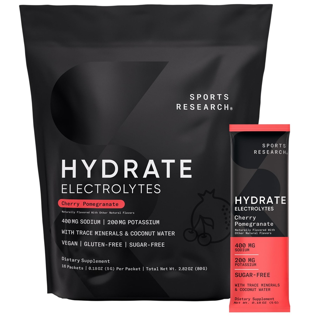 Recherche sportive Hydrate Electrolytes Powder Packets - Sans sucre et naturellement aromatisé avec des vitamines, des minéraux et de l'eau de coco - Supports Hydratation - 16 Packets - grenade à cerise