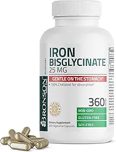 Bronson Iron Bisglycinate 25 mg Gentle on The Stomach, Supports Energy & Healthy Red Blood Cell Production - Formula non costipante - Non OGM, 360 capsule vegetariane