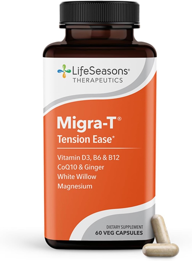 LifeSeasons Migra-T con Relieve-R PM - Migraine Prevention & Relief Supplement - Supports Severe Headaches - Riduce Light Sound & Odor Sensitivity - Feverfew, White Willow, Magnesium Ginger & CoQ10