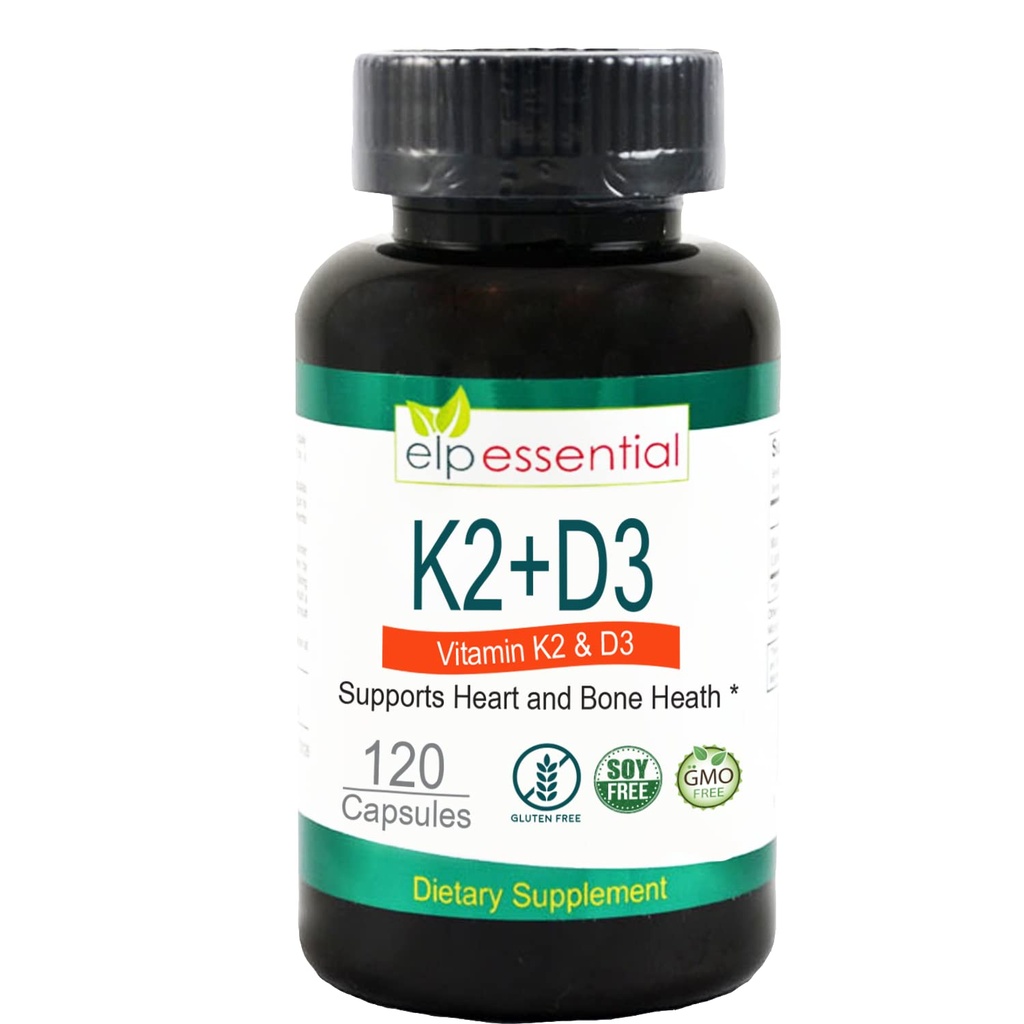 ELP ESSENTIAL Vitamin K2 mit D3 Supplement Knochen und Herzgesundheit, Kapseln K2+D3 Vitamine 120 Kapseln