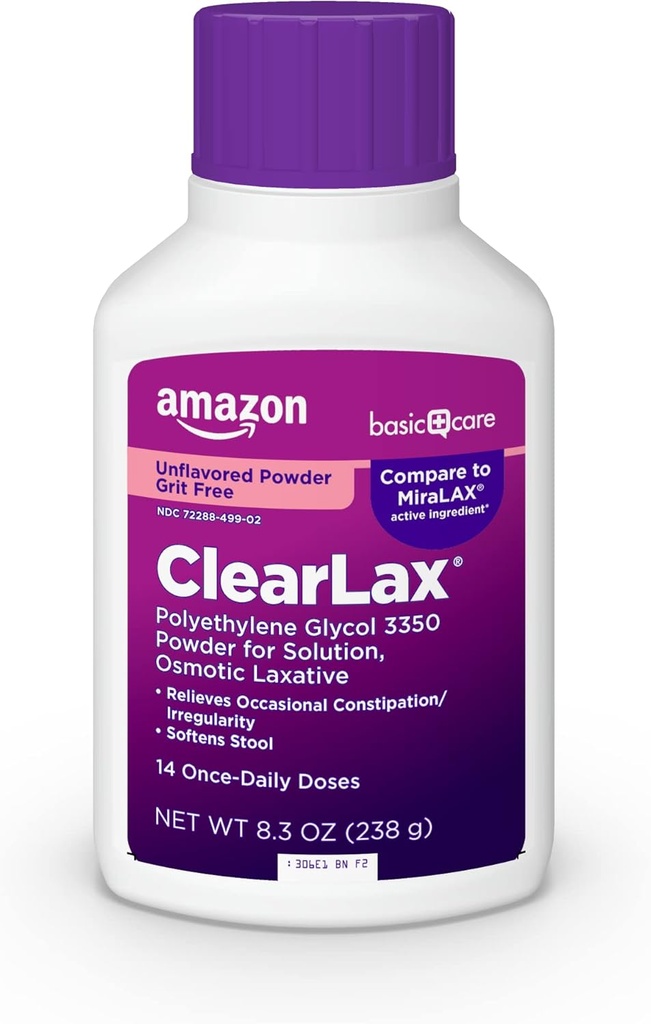 Soins de base ClearLax, Polyéthylène Glycol 3350 Poudre pour solution, Osmotic Laxative, Non aromatisé, 8,3 onces (paquet de 1)