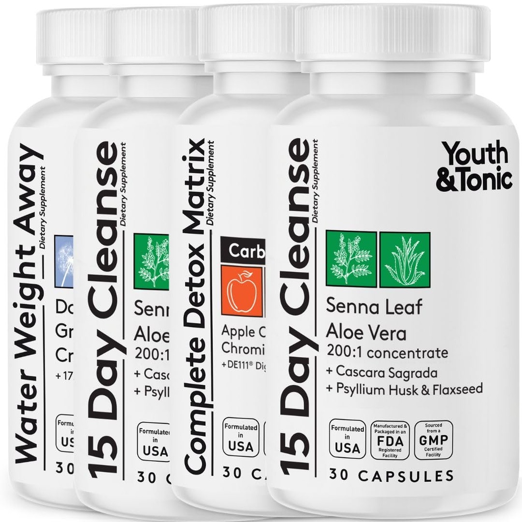 Detox Cleanse Kick Off Gewichtsmanagement und Extra Colon Reiniger. 4pk für Wasserverlust, Blähungen, flachen Magen, Schwellung w Apfelessig, Senna Blatt, Glucomannan, Chrom, Probiotische 120 Pillen