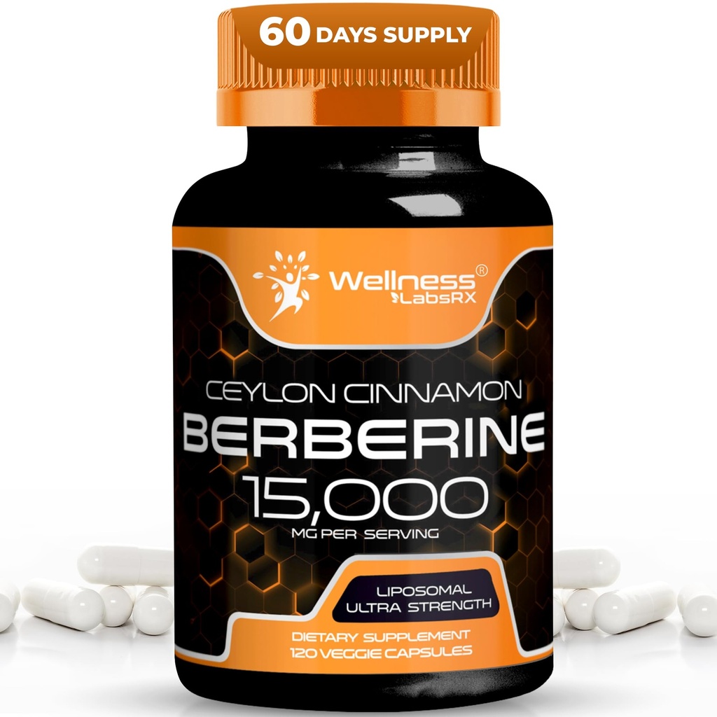WELLNESS LABSRX Berberine Supplément 15 000mg - Berberine avec Ceylan Cinnamon, Capsules de soutien général au mieux-être - 120 Capsules (paquet de 1)