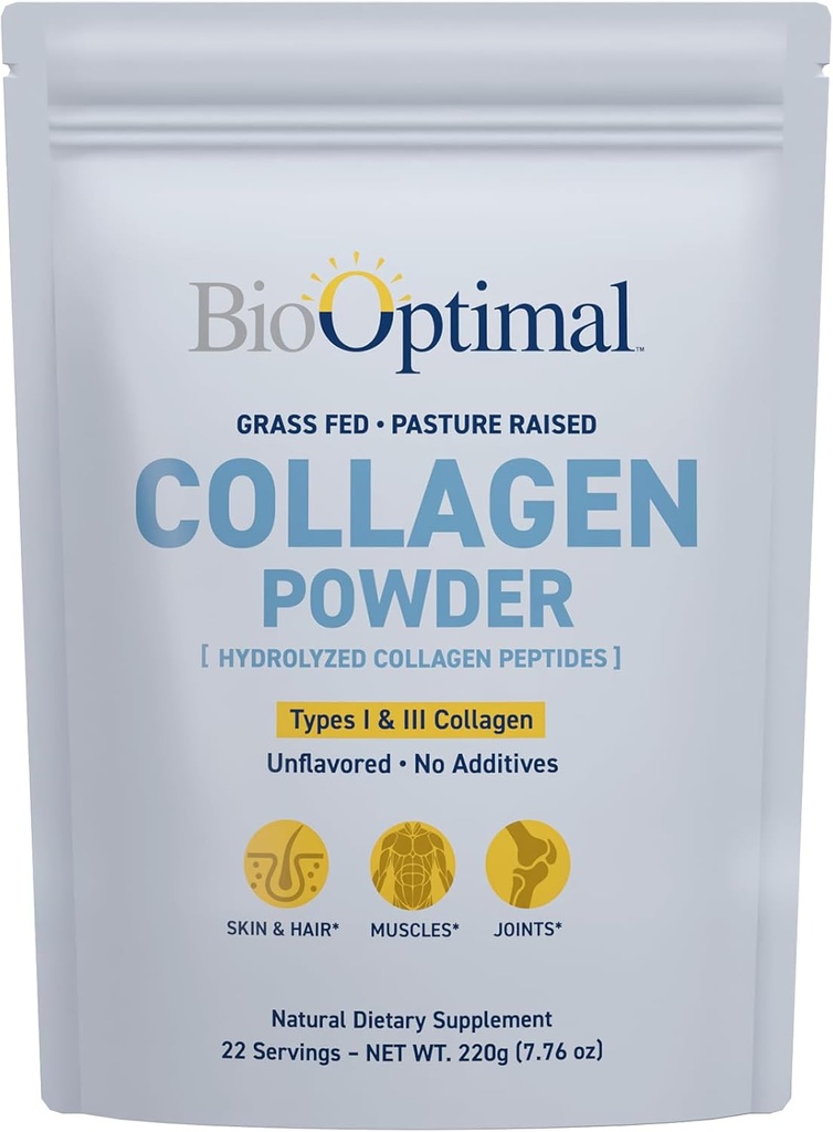 Poudre de Peptides de Collagène BioOptimal - Supplément de protéines hydrolysées alimentées à l'herbe et aux pâturages pour la peau, les cheveux et les ongles - Non-OGM, Supplément quotidien de sucre zéro pour les hommes et les femmes (22 portions)