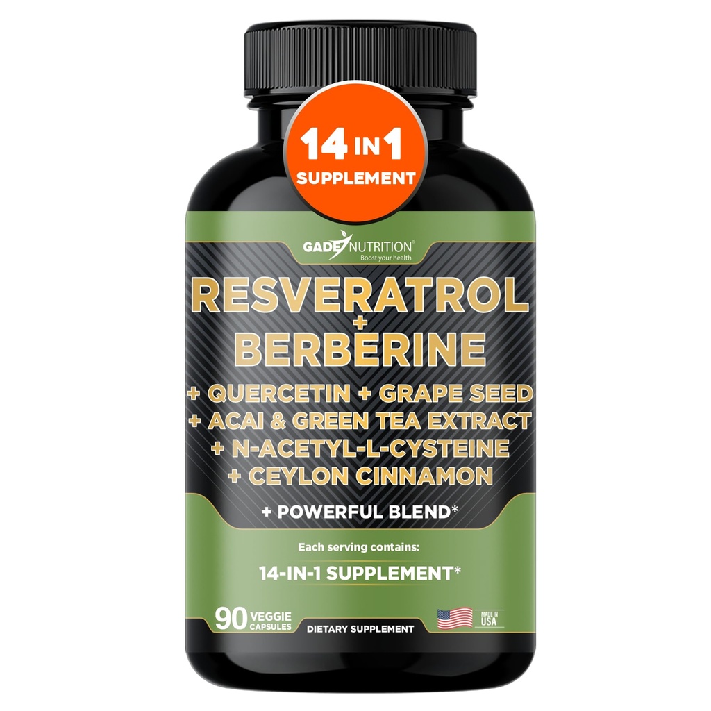 Gade Nutrition Resveratrol Berberine Quercetin Grape Seed Extract Grüner Tee Extrakt N-Acetyl Cystein - 14 in 1 Complex Supplement für Damen und Herren mit Potent Antioxidantien - Made in USA