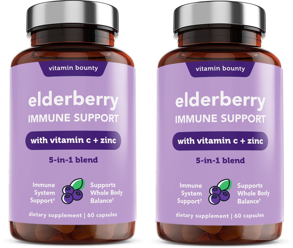 Vitamina Bounty Elderberry Supporto Immune - con Zinco, Vitamina C & Echinacea, Advanced 5-in-1 Blend, Potente Antiossidante, Supporta il bilanciamento del corpo intero, Non-GMO - 60 Capsule, 2 Pack