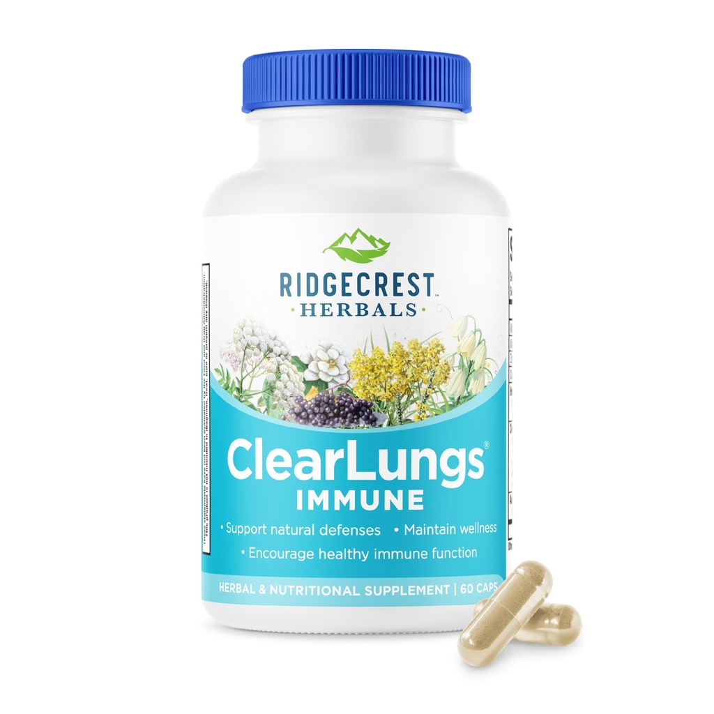 RidgeCrest Herbals ClearLungs Immune, supplément de soutien pulmonaire avec Mullein, Elderberry, zinc, vitamine C, vitamine A, feuille d'olive (60 capsules, 30 portions)