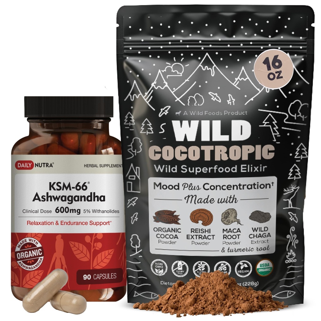 DailyNutra KSM 66 Ashwagandha (90 capsule) e Mushroom Cacao Mix (16oz) Bundle per rilassamento e messa a fuoco