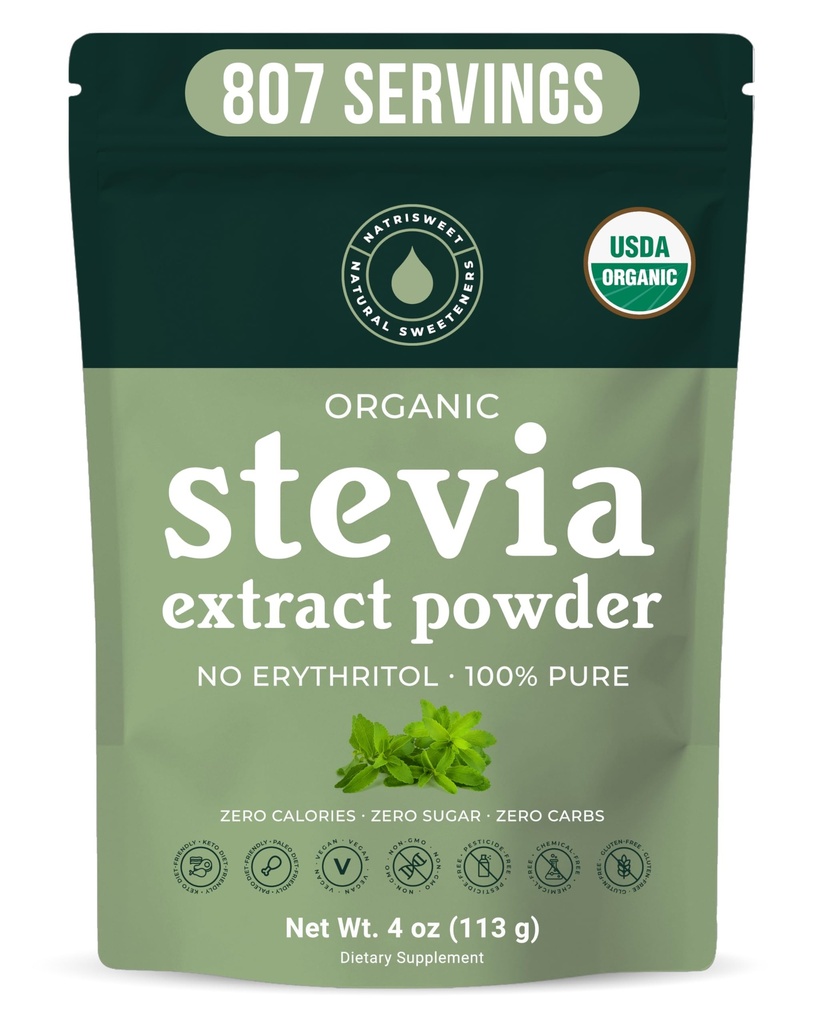 Bio 100% reines Stevia-Pulver, 4 Unzen, Zufriedene süße Cravings, senkt Blutzuckerspiegel für Diabetiker, Bulk-Pulvered Stevia-Extrakt-Süßstoff für besseres Backen & Getränke, 800+ Servierungen von NatriSweet