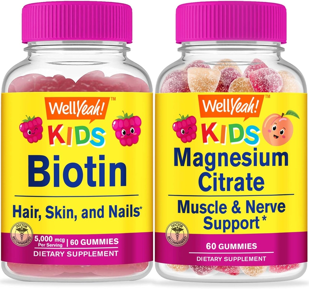 Eh bien oui Biotin Kids + Magnésium Citrate Kids, Gummies Bundle - Grande dégustation, supplément de vitamine, sans gluten, sans OGM, gummy à croquer