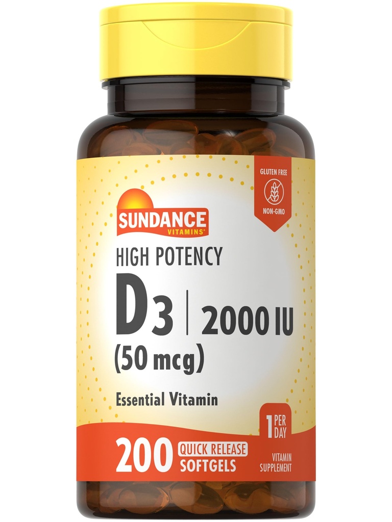 Sundance High Potency D3 2000 IU | 200 Quick Release Softgels | Essential Vitamin Formel | Non-GMO und glutenfreie Ergänzung