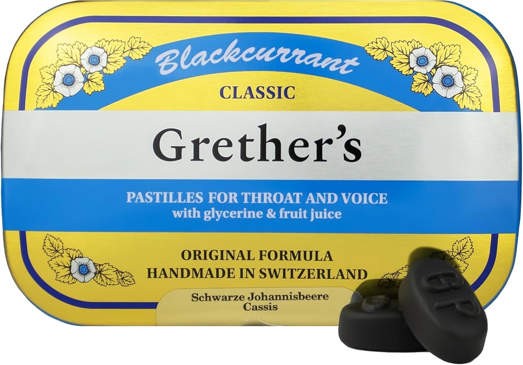 Les pastilles de GRETHER Classic Blackcurrant Natural Remedy Sec Bouche Relief - Gorge apaisante et voix saine - Arôme longue durée, cadeau pour les chanteurs - 1-Pack - 3,75 oz.