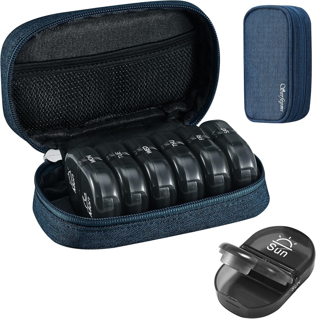 Serfeymi Weekly Travel Pill Organizer 2 Mal A Day AM Upgraded Black Pill Box 7 Tage mit tragbaren Reißverschluss Canvas Pill Case, Medizin Organizer für Pillen, Vitamine, Nahrungsergänzungsmittel, Fischöle - Blau 01