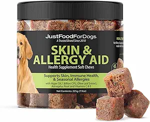 JustFoodForDogs Skin & Allergy Care Soft Chews Supplément pour chiens, Allergies saisonnières, Démangeaison de la peau, Inflammation, Soutien immunitaire - 45 Compte