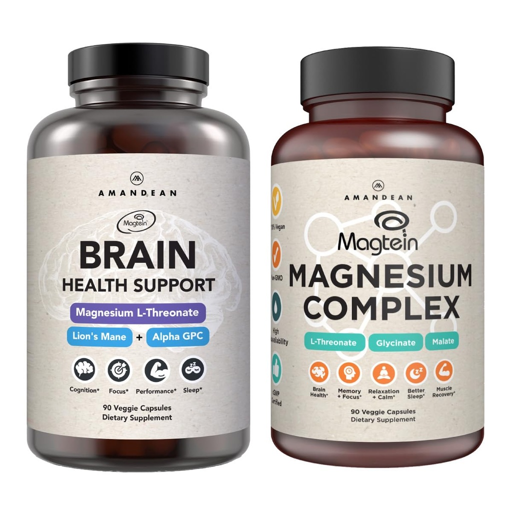 AMANDEAN Premium Brain & Magnesium Bundle: High-Absorption Magnesium L-Threonate, Glycinate & Malate, USA-Grown Organic Lion’s Mane 6:1 Extract und Alpha-GPC. Unterstützt kognitive Gesundheit, Fokus & Schlaf