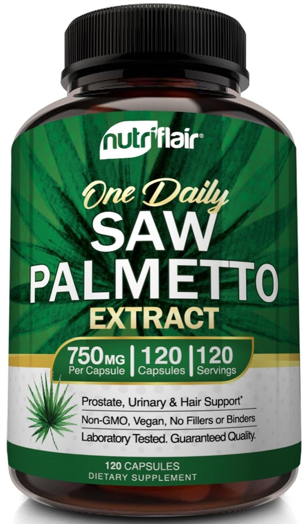 NutriFlair Saw Palmetto Extract 750mg, 120 Kapseln - Natürliche Prostata-Ergänzung & Berry-Gesundheitsunterstützung - Hilft Block DHT zu verhindern Haarausfall und hilft, häufige Urination zu reduzieren, für Frauen und Männer