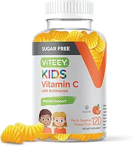 Viteey Kids Vitamin C Gummies 75mg, mit Echinacea - Sugar Free - Immununterstützung für Kinder, Kleinkinder, & Teens - Vegan, Gelatin frei, Glutenfrei, GMO kostenlos - Tasty Orange Flavored Immunität Gummy
