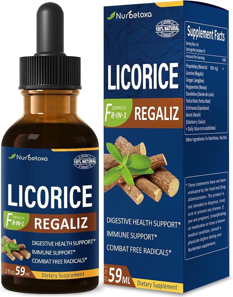 Licorice Root Extract Tropfen für Verdauungsgesundheit, natürliche Kräuter Bloating Relief und Immununterstützung Flüssige Tinktur Ergänzung mit Dandelion, Peppermint, Ginger. extrato de Regaliz. 2oz