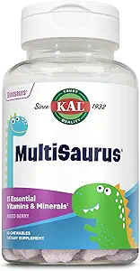 KAL MultiSaurus enfants multivitamines à croquer, 11 vitamines et minéraux essentiels pour les enfants, mélange d'arôme de baie, sans gluten et sans conservateurs, 60 portions, 60 désinosaures en forme de dinosaure