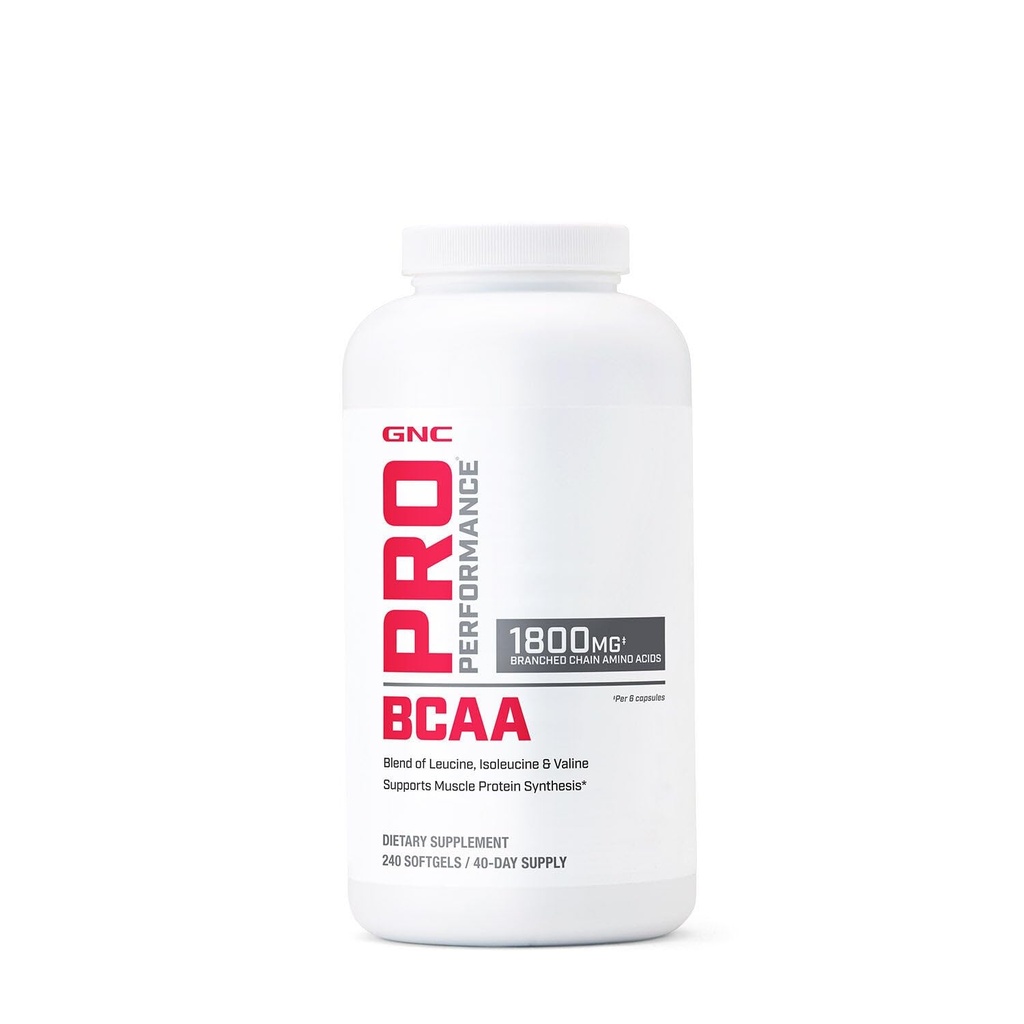 GNC Pro Performance BCAA 1.8g, 3. Partei Geprüfte Ergänzung für Männer & Frauen, verzweigte Kette Aminosäuren, essentielle Aminosäuren Unterstützt Muskelproteinsynthese, 240 Softgels, 40 SVG