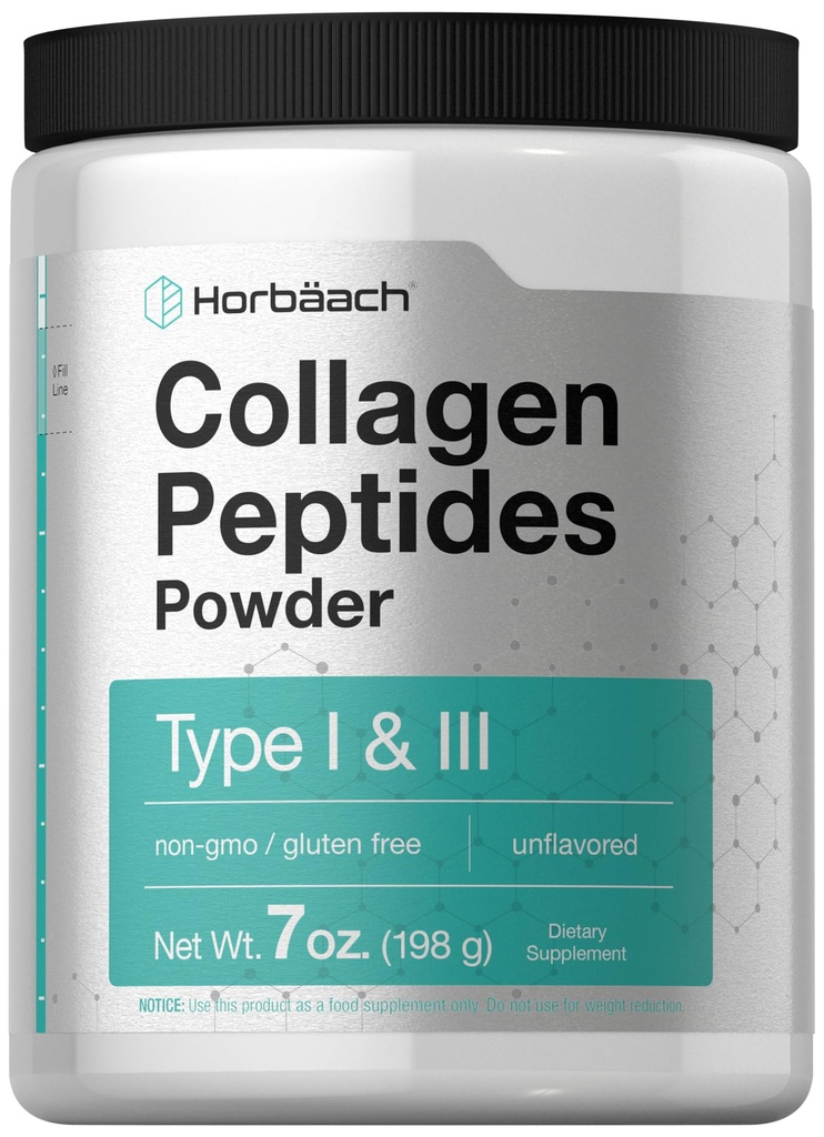 Horbäach Collagen Peptides Poudre 7 oz de type I et III de protéines multicollagènes et acides aminés non aromatisés