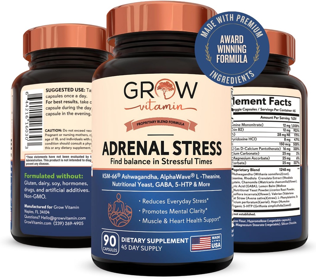 Crescere la vitamina Adrenal Stress Advanced Formula, Organic KSM-66 Ashwagandha con AlphaWave L-teanina, 5-HTP, Magnesium Blend - Everyday Stress Relief, Mood Support, Cognitivo, Salute cerebrale, 90 Capsule