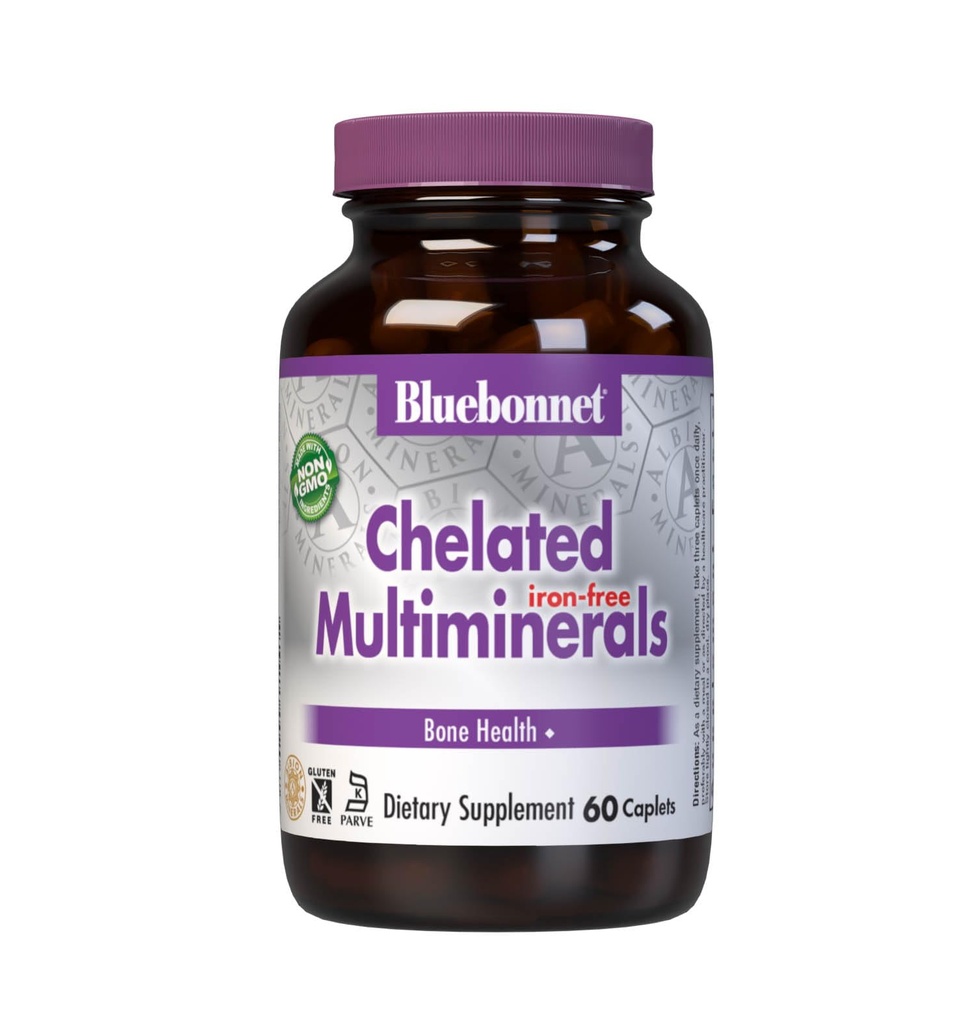 Bluebonnet Nutrizione Alta Potenza Multiminerali Chelati (Iron-Free), Albion Minerali Chelati, Soia-Free, Senza Glutine, Non OGM, Kosher Certificato, Dairy-Free, 60 Caplets, 20 Serve