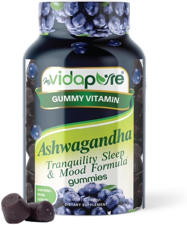 Ashwagandha Gummies, High Potency Ashwagandha Root Extract mit Magnesium Glycinat, Melatonin, B6, Valerian Root, GABA, Leidenschaft Blume für Männer und Frauen. 60 Count 30 Portionen von myVidaPure