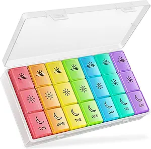 Organisateur de pilules BUG HULL 3 fois par jour, grand organisateur hebdomadaire de pilules de médicaments 3X par jour, 7 jours Pill Box case Matin Noon Soirée pour la vitamine, l'huile de morue-Liver, suppléments (Rainbow White)