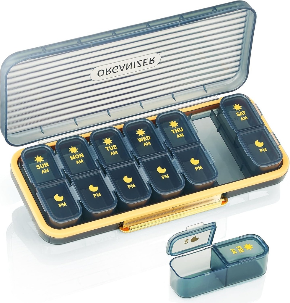 Weekly Pill Organizer 2 Mal A Day - Pill Case Am Pm - Reise Pille Box 7 Tage Tragbare tägliche Vitamin-Container Ästhetik Medizin Spender mit 7 separaten Komponenten Morgen Nacht Supplement Halter