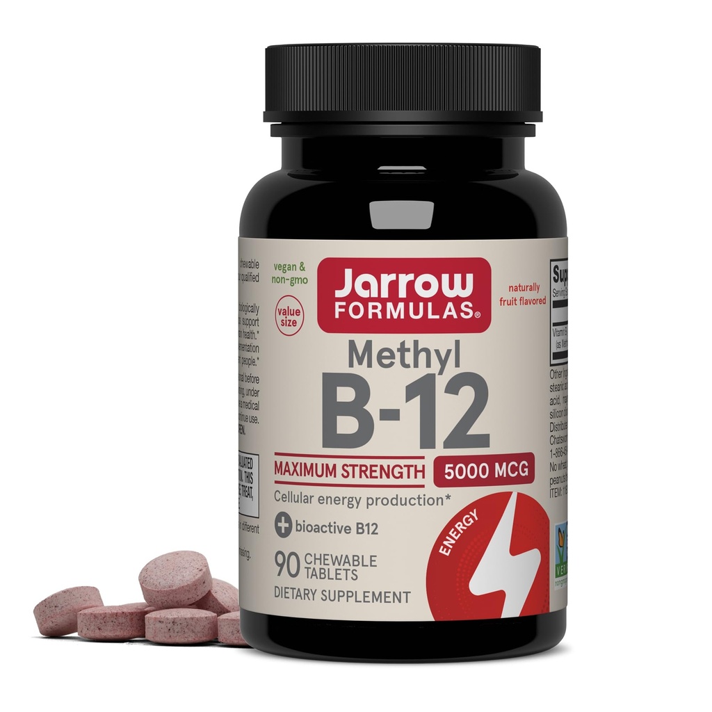 Jarrow Formulas Vitamin B12 5000 mcg - Maximale Stärke für Zelluläre Energie und Gehirn Gesundheit, 90 Kirschen Kautabletten, B12 Vitamine 5000 mcg