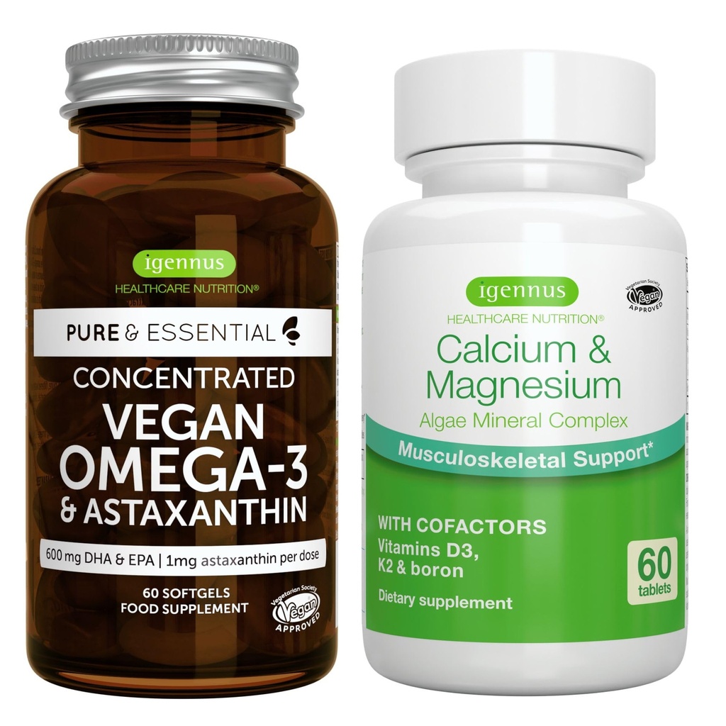 Vegan Omega-3 + Calcium & Magnesium Complex Vegan Bundle, Nachhaltiges EPA & DHA Algenöl 1340mg + 2:1 Pflanzenbasierte Algenmineral Complex, von Igennus