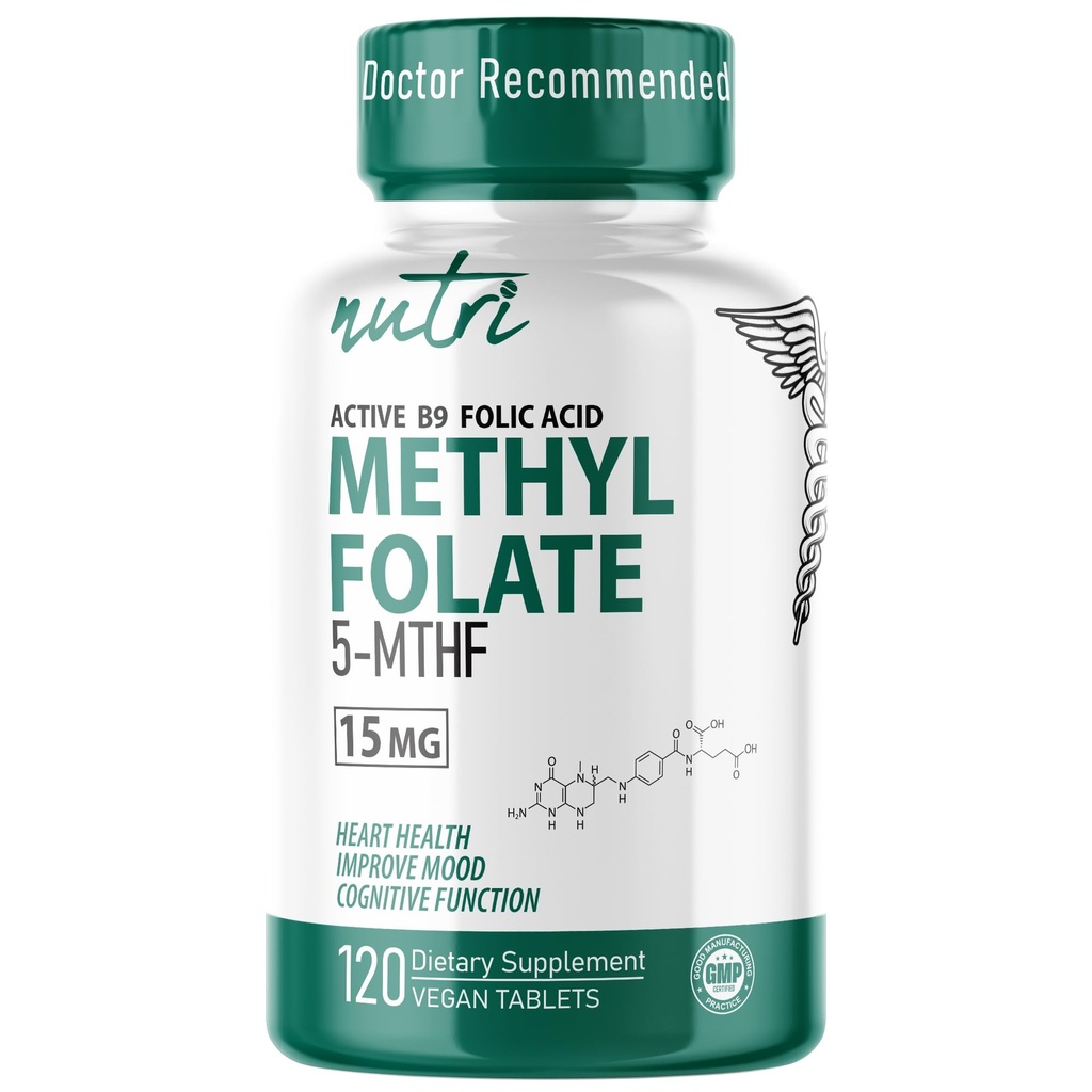 Nutri 5-MTHF L Methylfolat 15MG - 4-Monats-Versorgung, 120 Vegan Tabletten - Methylated Folat Supplement - Kognitive Funktion, Herzgesundheit, pränatale Unterstützung - 3rd Party Tested - NSF Certified Facility