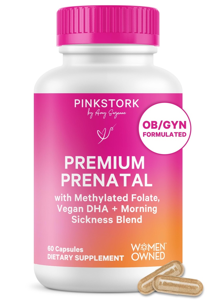 Pink Stork Premium Pränatales Vitamin für Frauen - Bio- Ganz-Nahrungsmittel Zutaten, Multivitamin & Probiotika - Frühkrankheit, Verdauung, & Energie - Folate, B6, & Eisen - 60 Kapseln