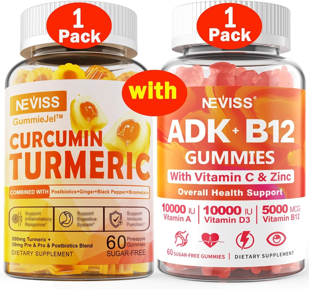 1Pack Kurkuma Curcumin gefüllte Gummis + 1Pack Vitamin ADK mit B12 Gummis