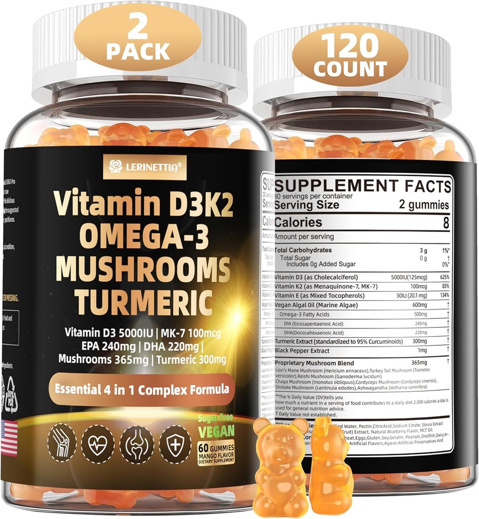 Vitamine D3 5000iu(125mcg) + Vitamine K2(MK7) Gommies avec Algae Omega 3-