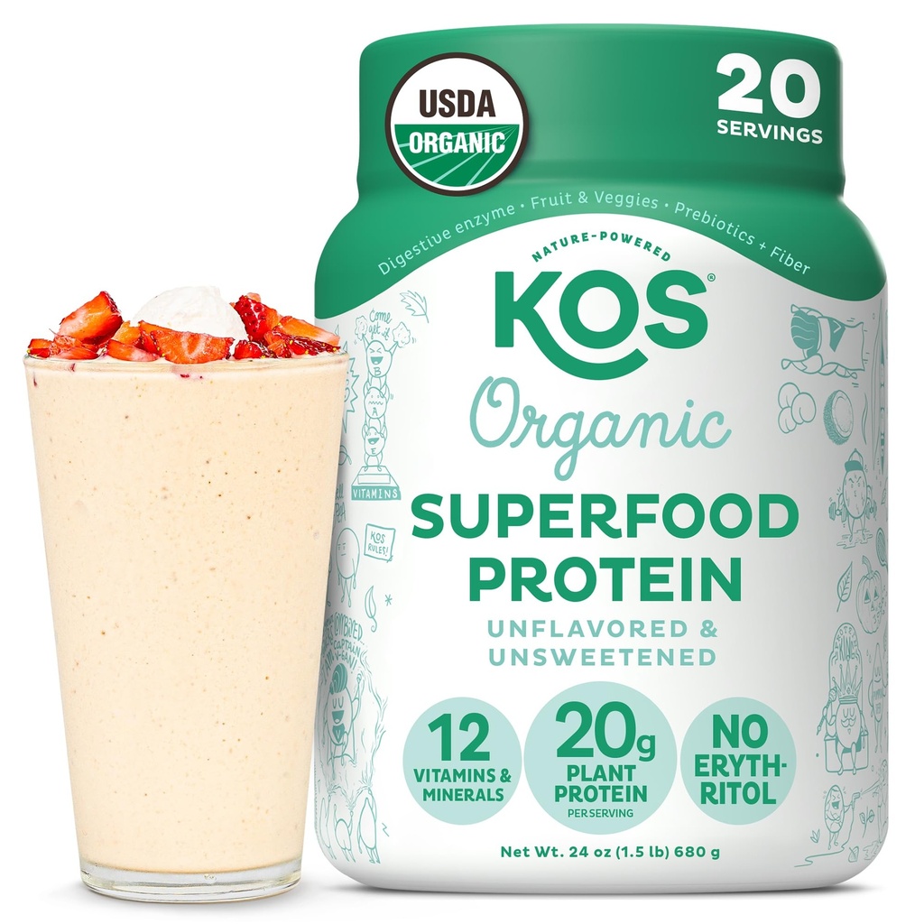 KOS Vegan Protein Powder, Unflavored & Unsweetened - Low Carb Pea Protein Blend, Organic Superfood Rich in Vitaminen & Minerals - Keto, Soy, Dairy Free - Meal Replacement for Women & Men - 20 Servings