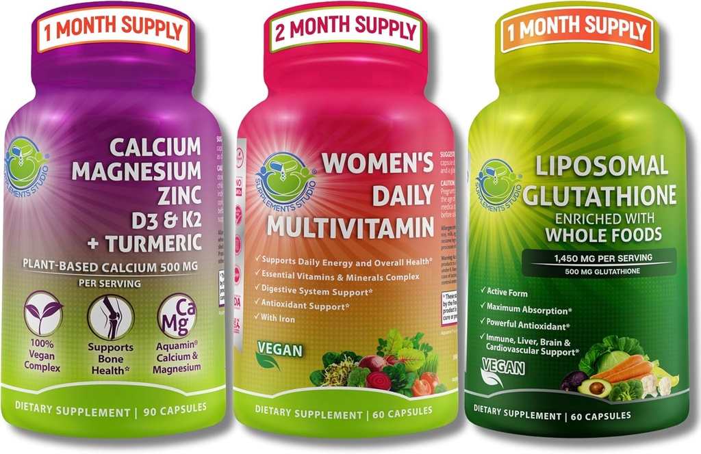 Vegan Bone & Immune Support Bundle - Liposomal Glutathione 500mg with Organic Whole Foods + Women's Daily Multivitamin with Iron & Plant-Based Calcium, Magnesium, D3, K2, Zinc, and Turmeric