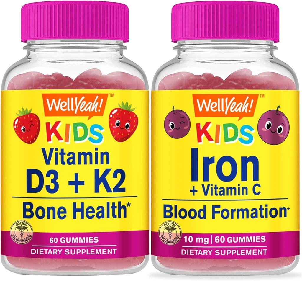 Eh bien oui Vitamine D3+K2 Enfants + Fer + Vitamine C Enfants, Gommies Bundle - Grande dégustation, supplément de vitamine, sans gluten, sans OGM, gommy à croquer