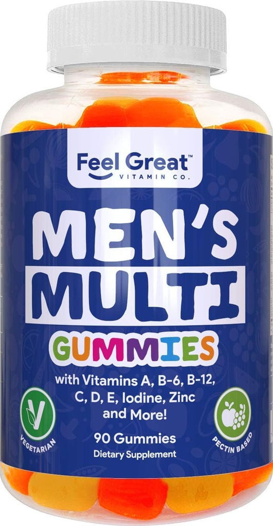 Feel Great Vitamin Co. Herren Multivitamin Gummis, verpackt mit Vitamin A, B-6, B-12, Biotin, C, D3, E, Iodin, Folsäure, Zink. Hergestellt in den USA. 45 Tage Lieferung