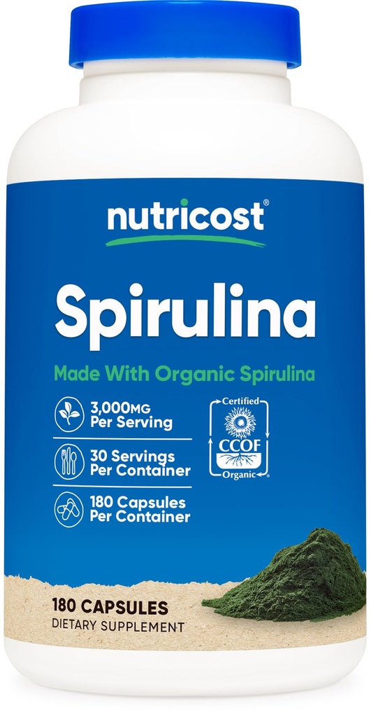 Nutricost Spirulina 3.000 mg, 180 Kapseln für 30 Portionen - CCOF zertifiziert mit Bio-Spirulina, glutenfrei, vegetarisch