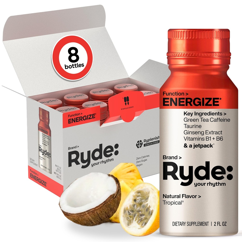 Ryde: Energize Shot | Tropical Flavor | Green Tea Caffeine, Taurine, Ginseng Extract & B Vitamine | 0 Kalorien, 0 Zucker | 2 FL OZ Schüsse | Erhöht Energie* (8 Packung)